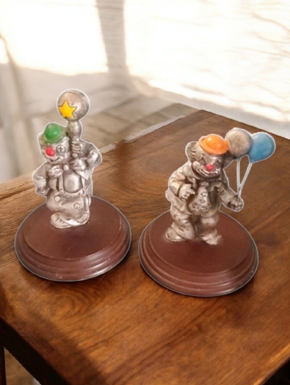 Vintage Pewter Clown Figurines Balloons Ball Hat George Good Wood Base 80’s